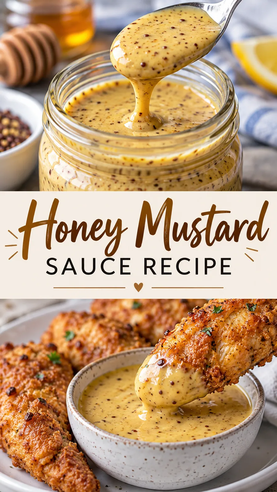 Pinterest image for Honey Mustard Sauce Recipe, with two photos of the recipe
