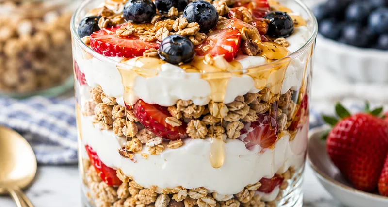 Honey Vanilla Greek Yogurt Parfait with Crunchy Layers, ready to serve