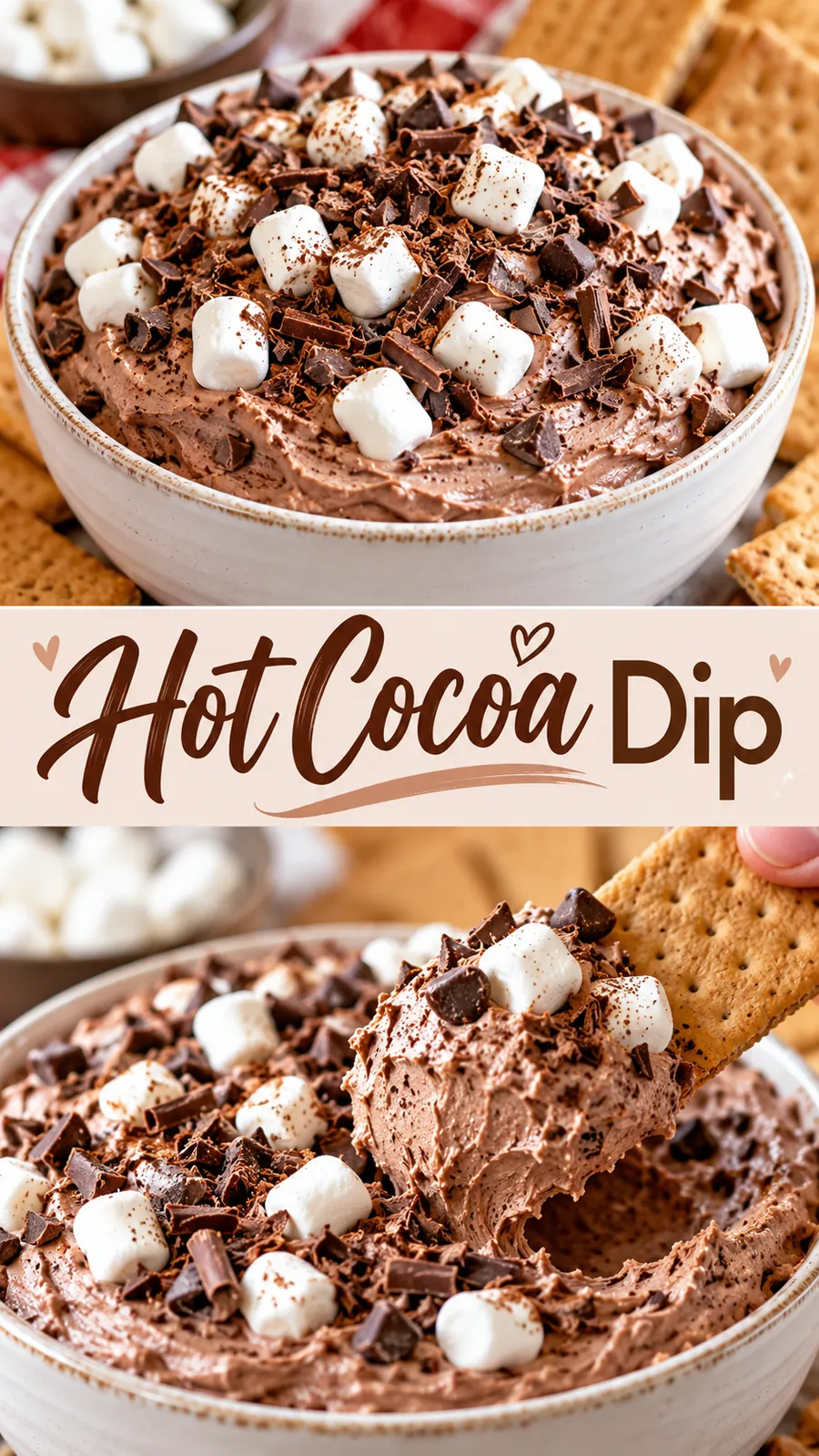 Pinterest image for Hot Cocoa Dip, with two photos of the recipe