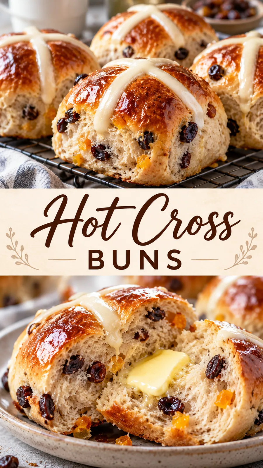 Pinterest image for Hot Cross Buns, with two photos of the recipe