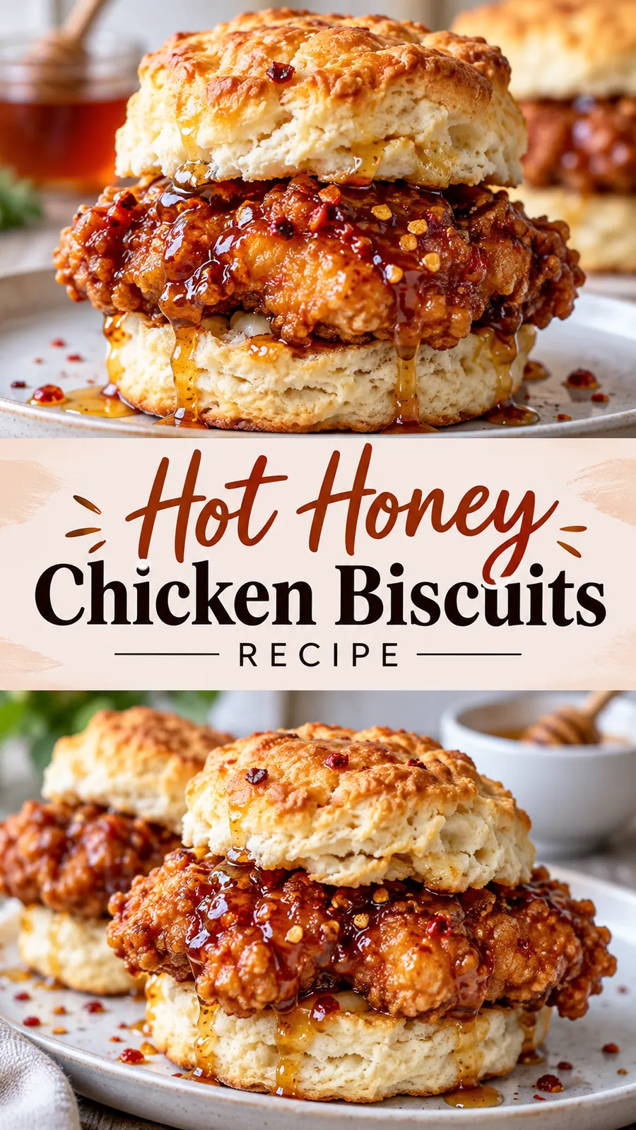 Pinterest image for Hot Honey Chicken Biscuits Recipe, with two photos of the recipe