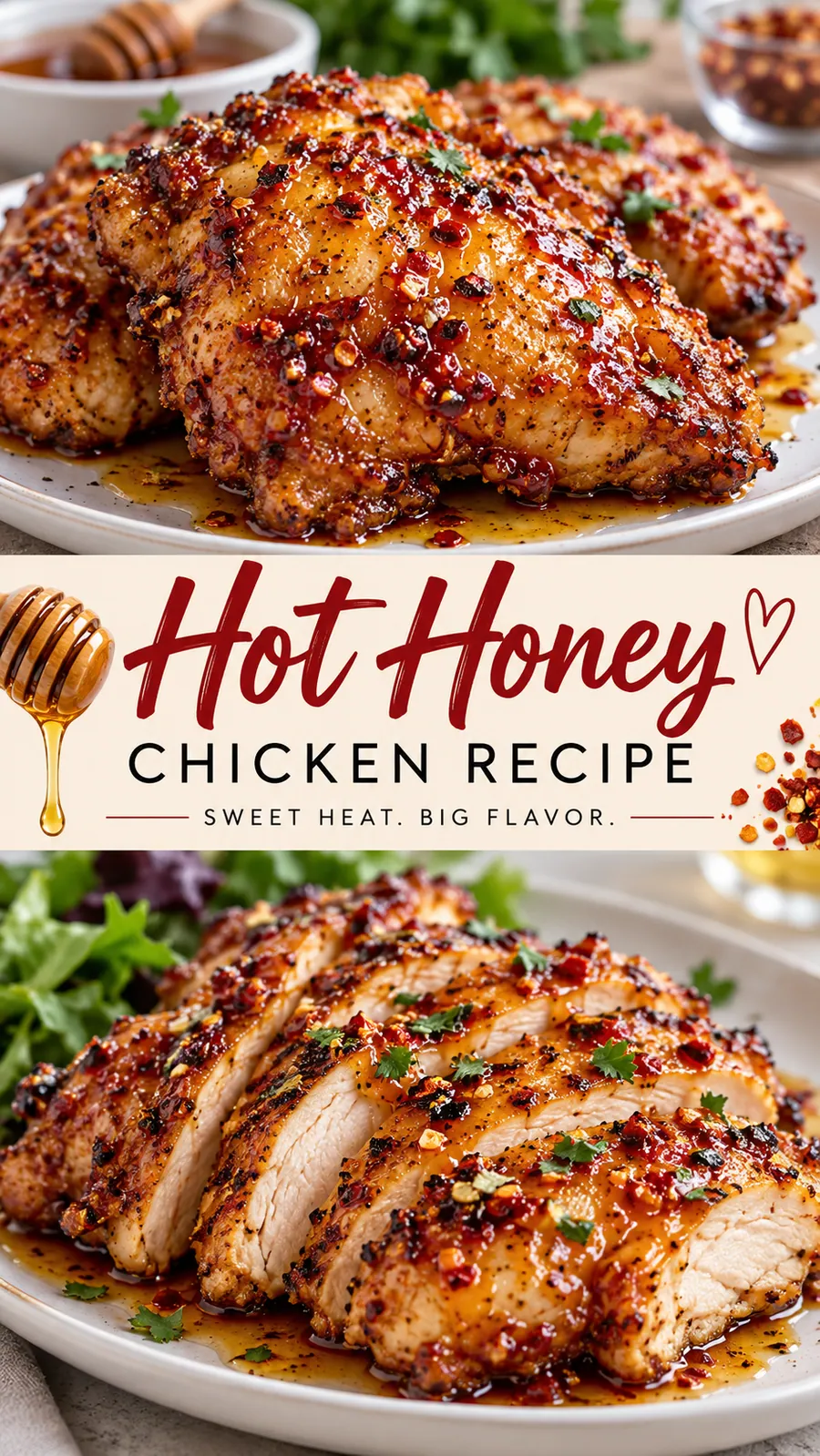 Pinterest image for Hot Honey Chicken Recipe, with two photos of the recipe