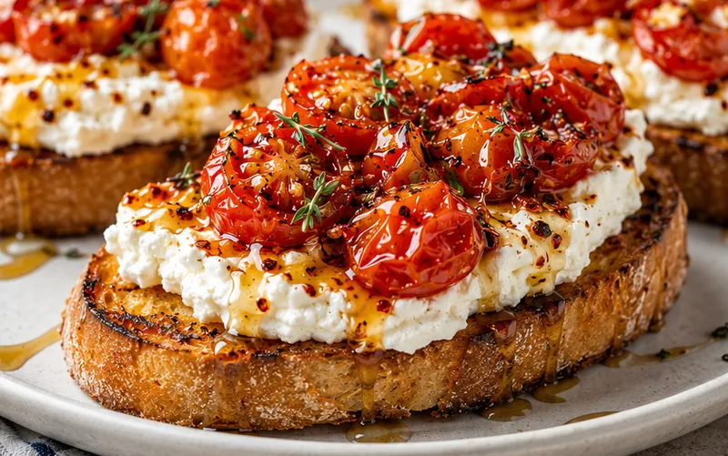 Hot Honey Roasted Cherry Tomato & Whipped Feta Toast, ready to serve