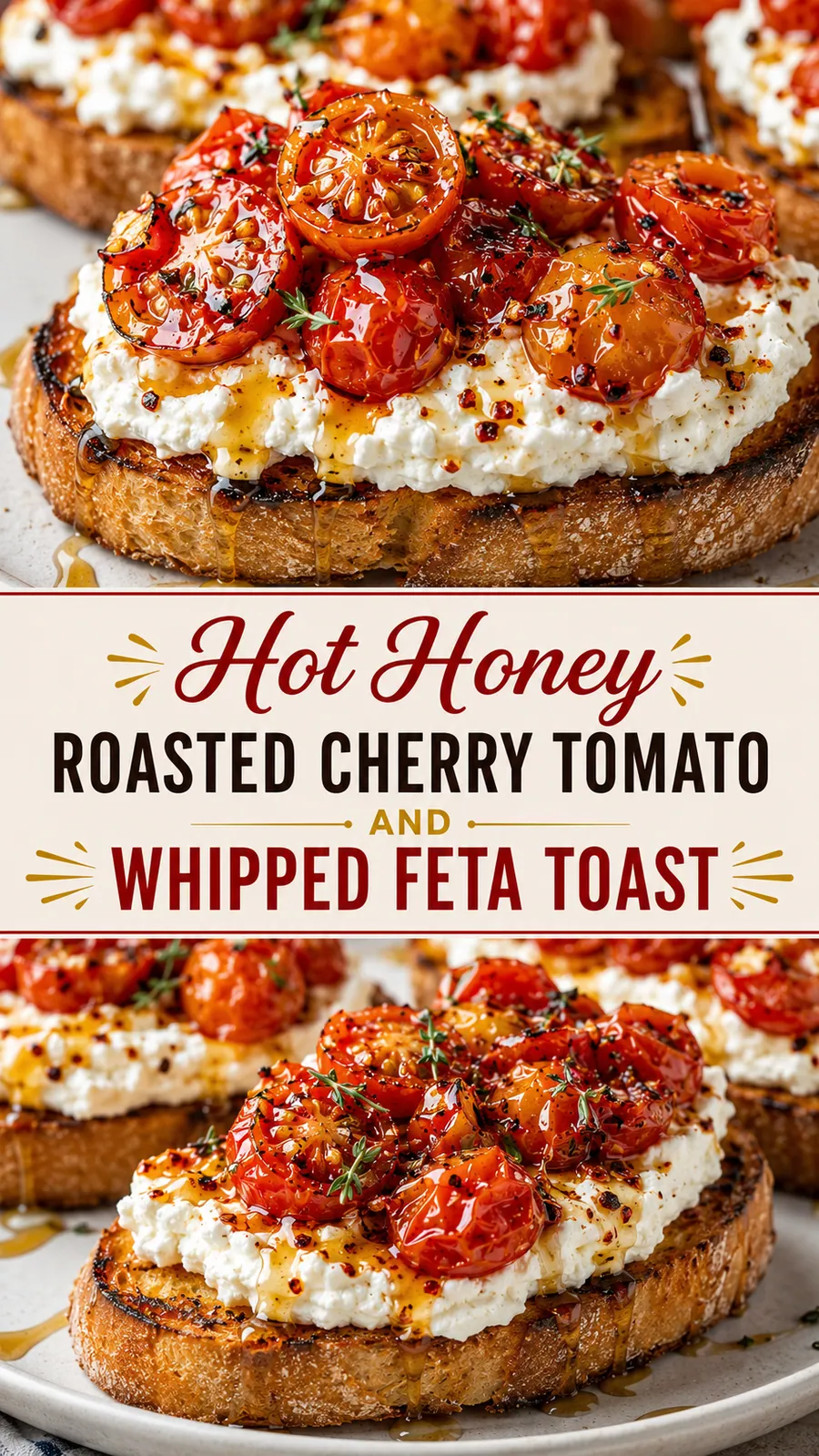 Pinterest image for Hot Honey Roasted Cherry Tomato And Whipped Feta Toast, with two photos of the recipe