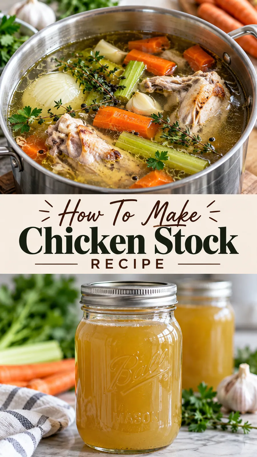 Pinterest image for How To Make Chicken Stock Recipe, with two photos of the recipe
