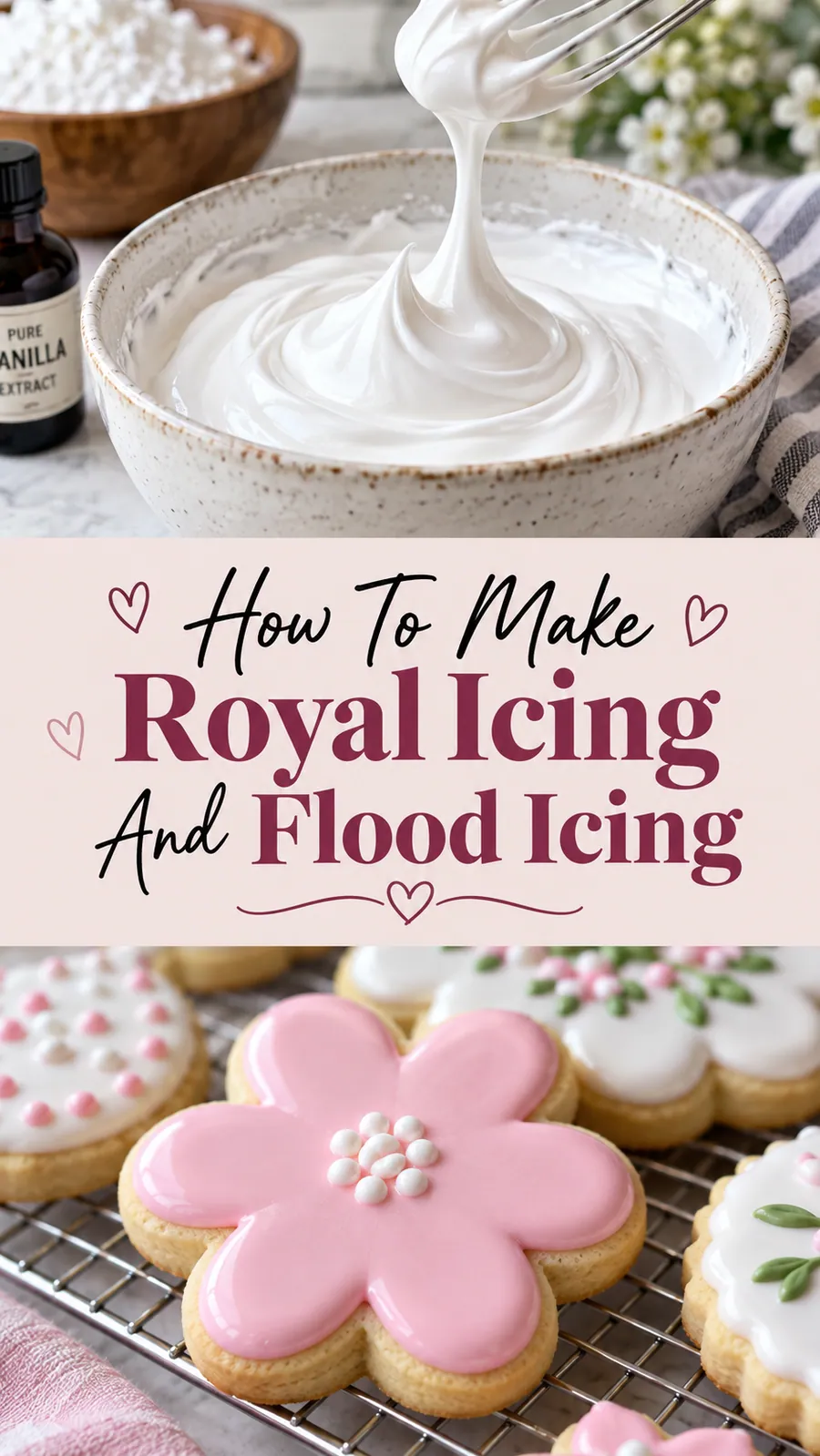 Pinterest image for How To Make Royal Icing And Flood Icing, with two photos of the recipe