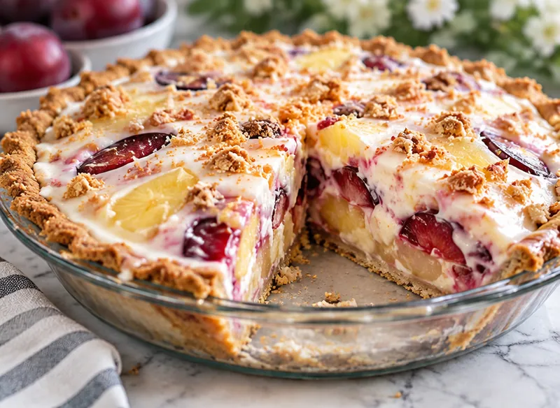 Iced Pineapple Pie with Plums, ready to serve