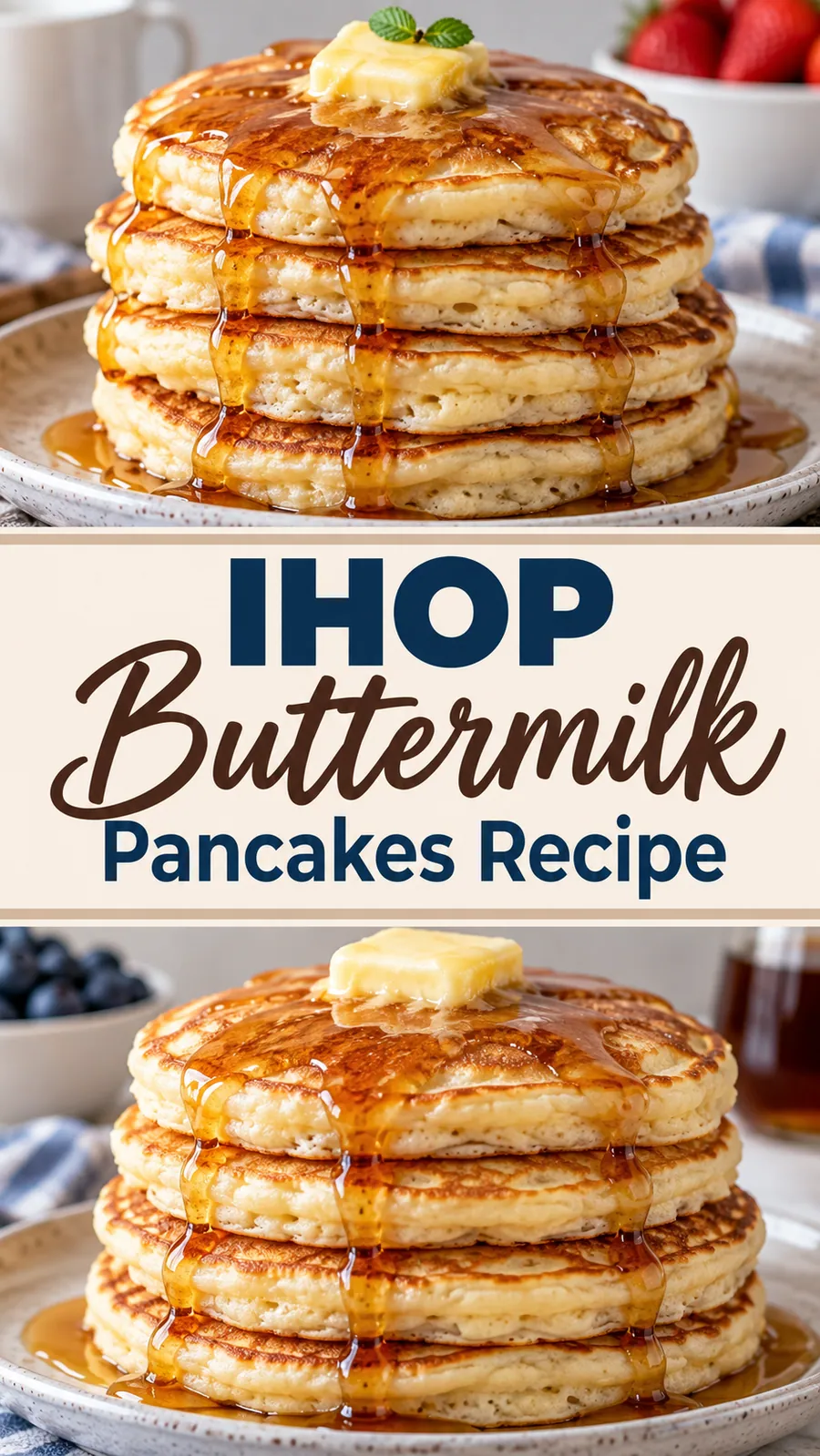 Pinterest image for Ihop Buttermilk Pancakes Recipe, with two photos of the recipe