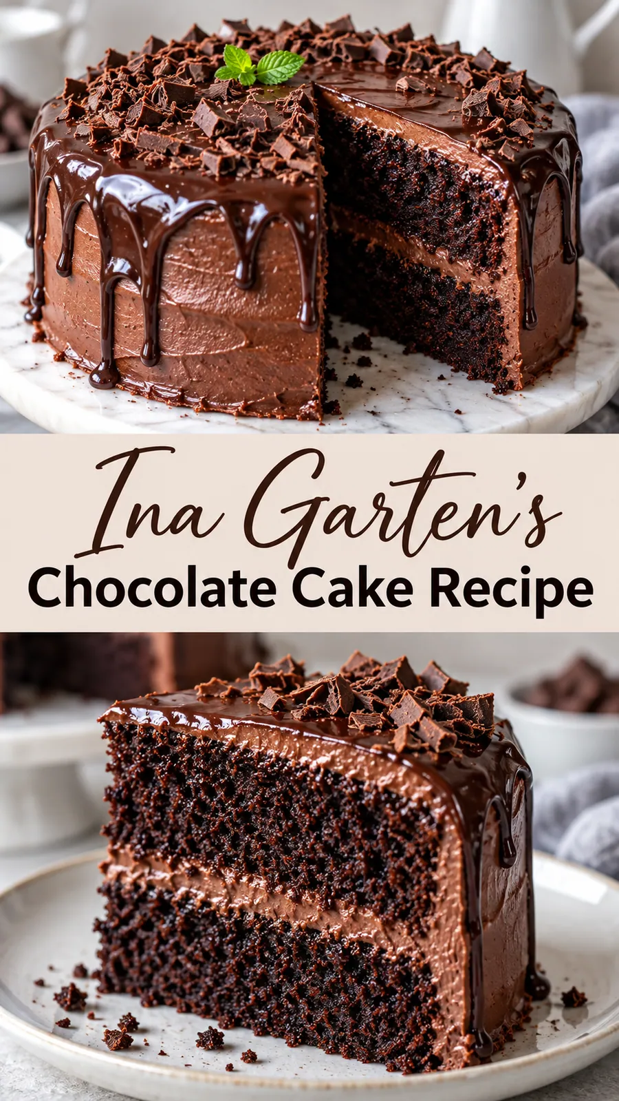 Pinterest image for Ina Garten's Chocolate Cake Recipe, with two photos of the recipe