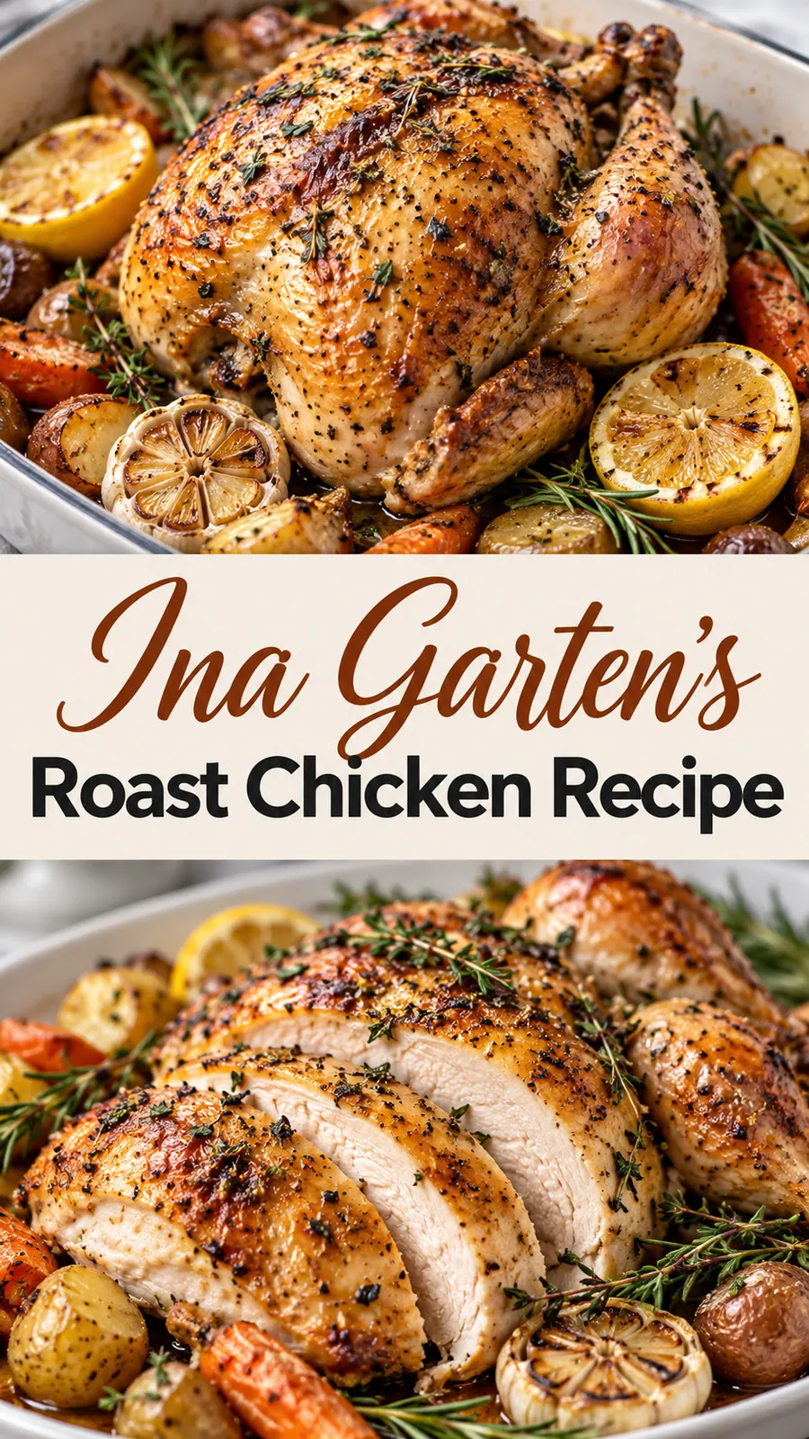 Pinterest image for Ina Garten's Roast Chicken Recipe, with two photos of the recipe