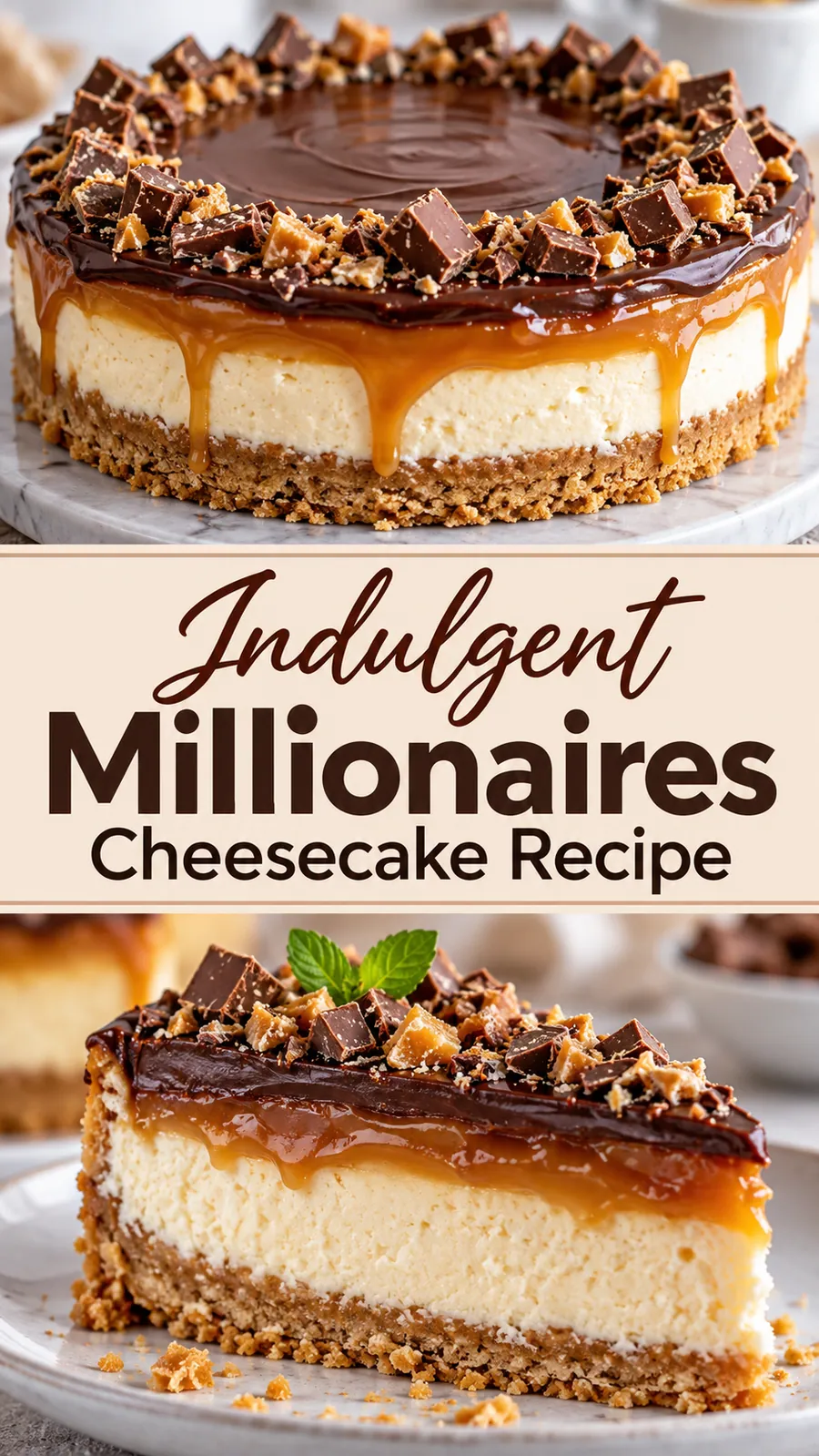 Pinterest image for Indulgent Millionaire's Cheesecake Recipe, with two photos of the recipe