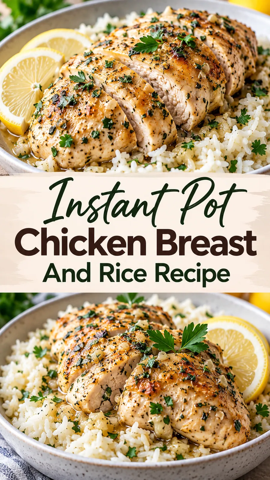 Pinterest image for Instant Pot Chicken Breast And Rice Recipe, with two photos of the recipe