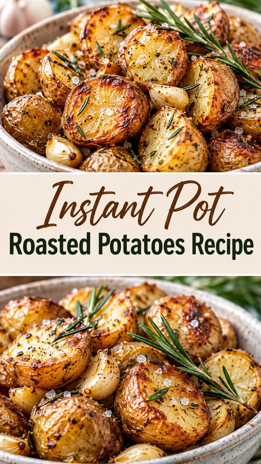Pinterest image for Instant Pot Roasted Potatoes Recipe, with two photos of the recipe