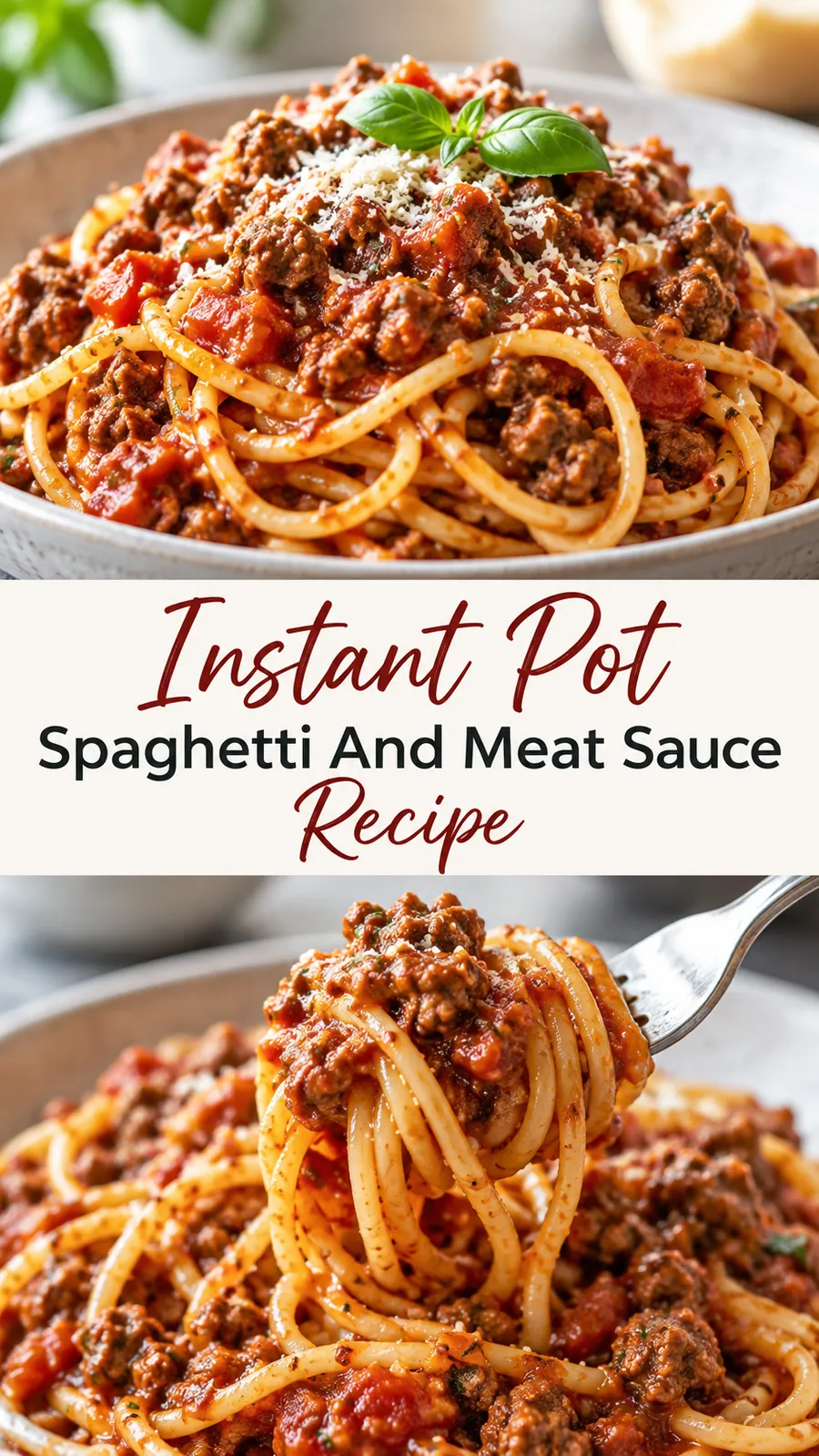 Pinterest image for Instant Pot Spaghetti And Meat Sauce Recipe, with two photos of the recipe