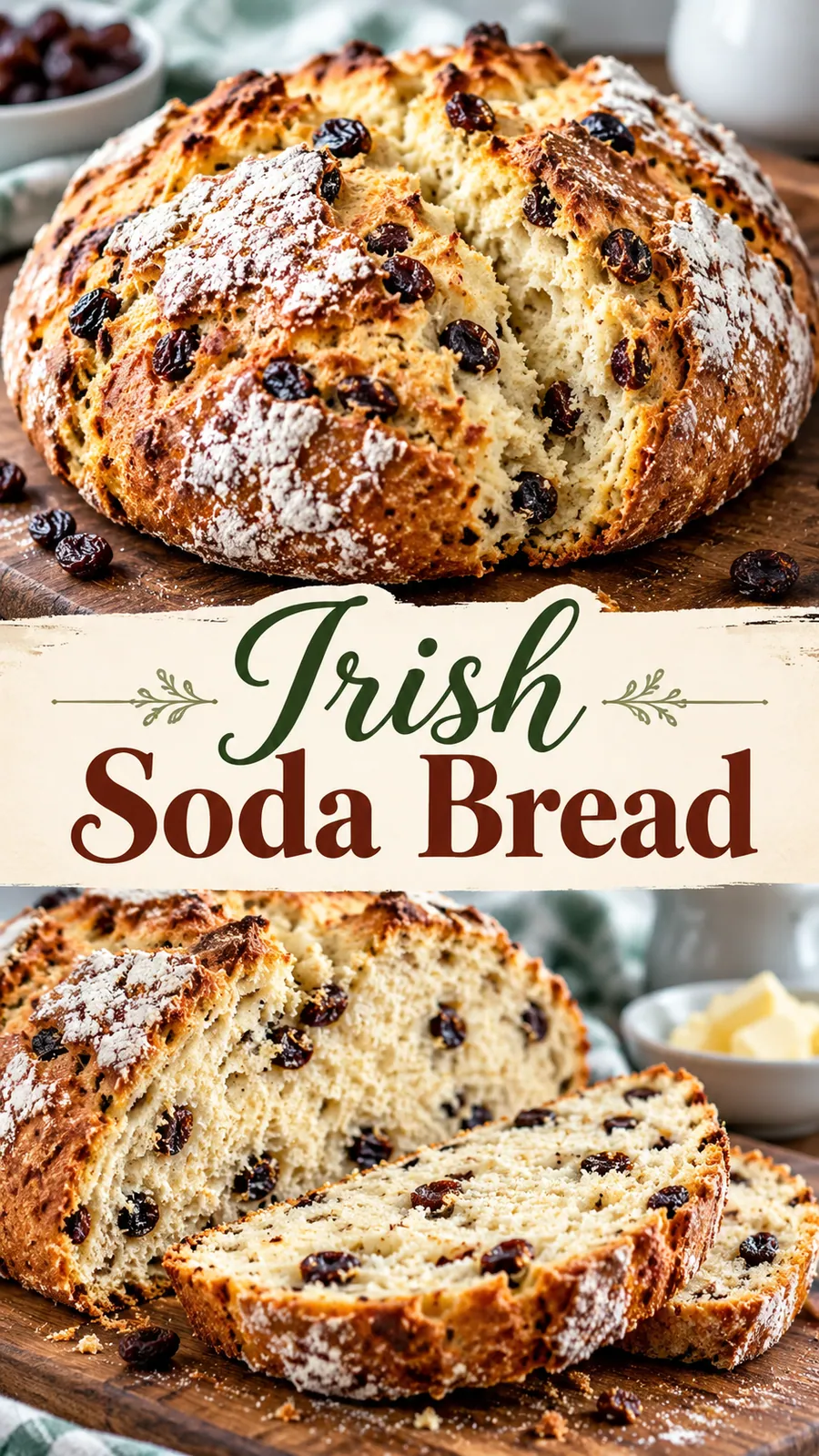 Pinterest image for Irish Soda Bread, with two photos of the recipe