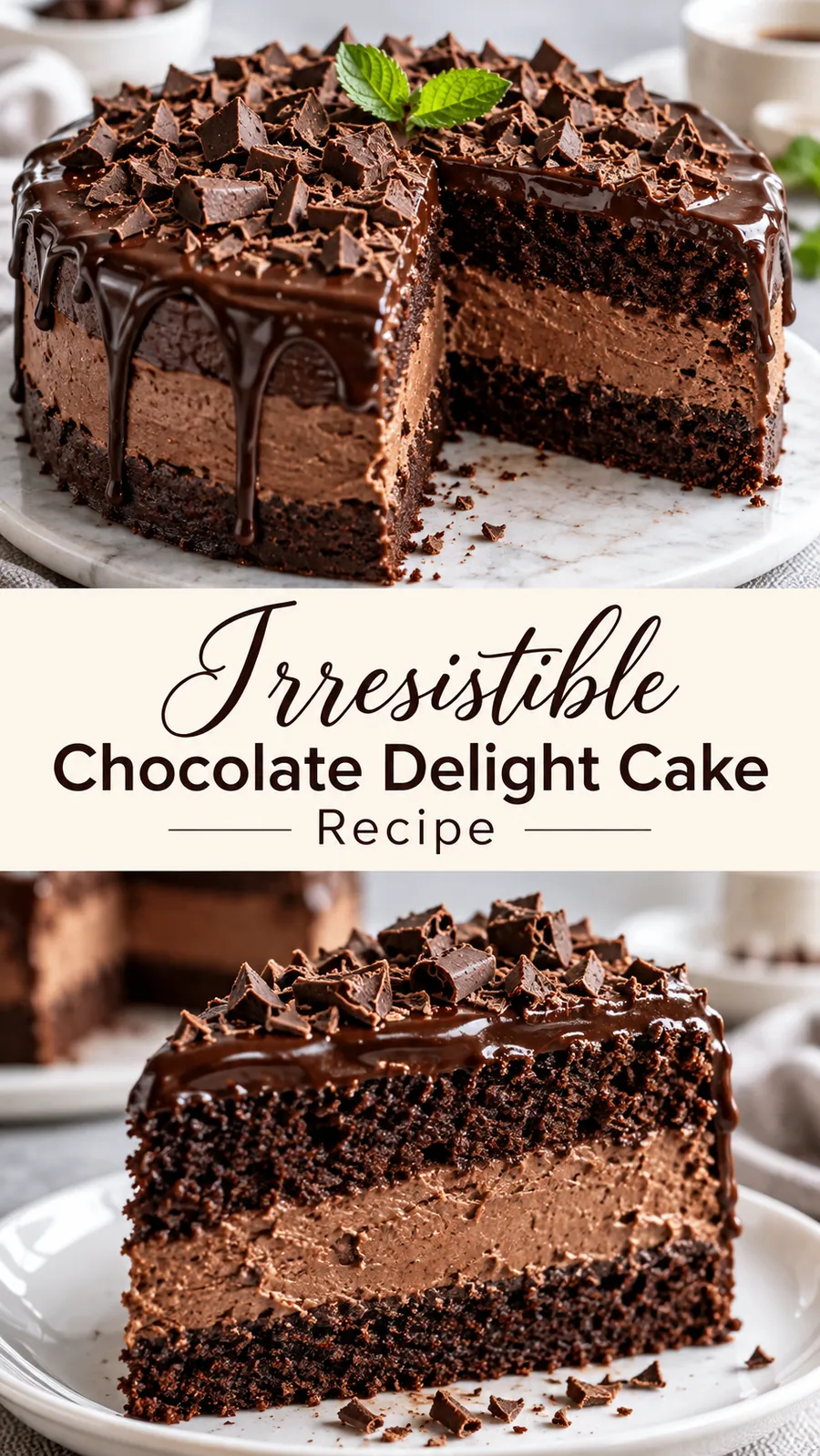 Pinterest image for Irresistible Chocolate Delight Cake Recipe, with two photos of the recipe