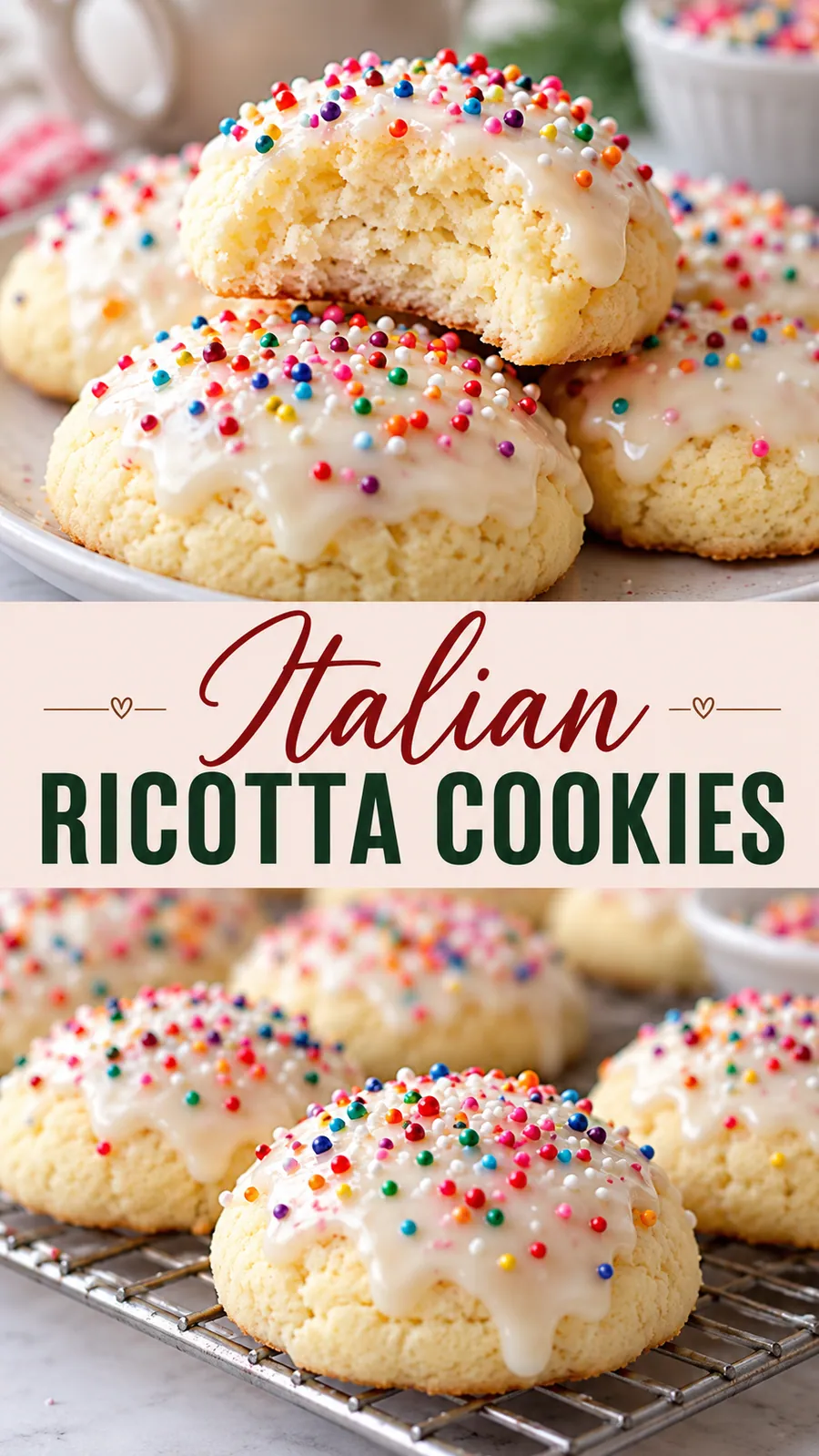 Pinterest image for Italian Ricotta Cookies, with two photos of the recipe