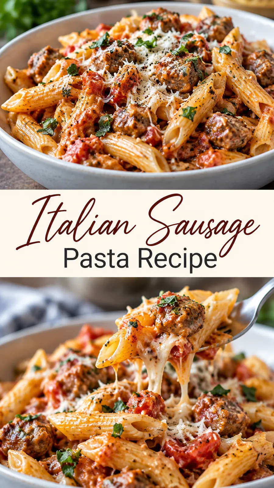Pinterest image for Italian Sausage Pasta Recipe, with two photos of the recipe