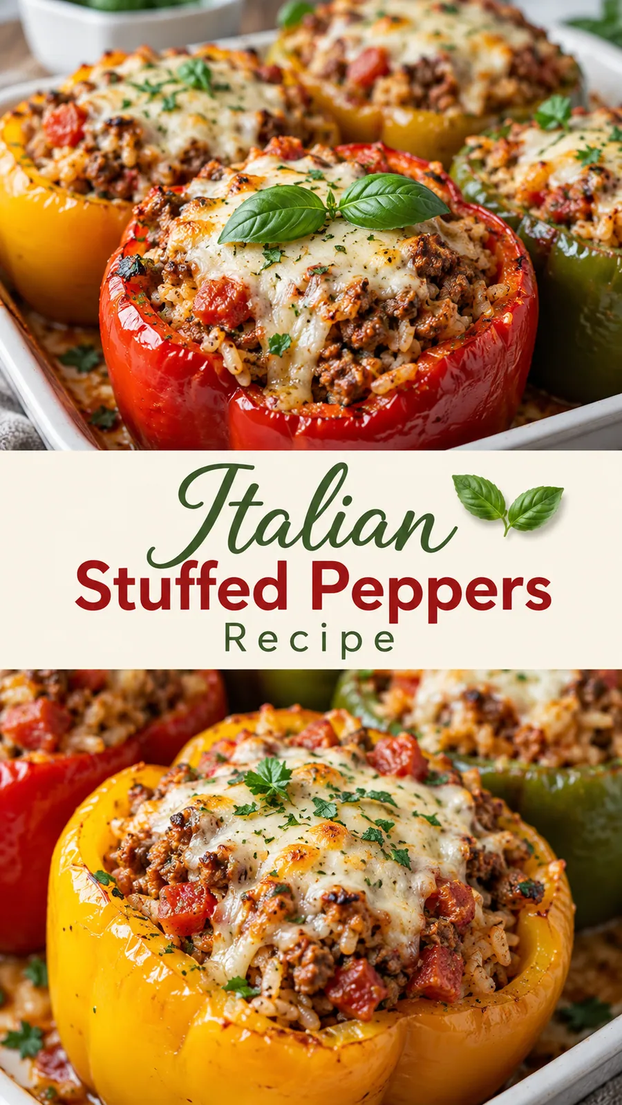 Pinterest image for Italian Stuffed Peppers Recipe, with two photos of the recipe