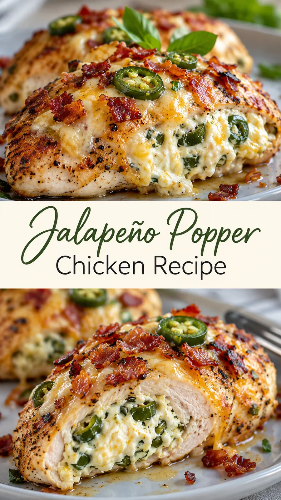 Pinterest image for Jalapeño Popper Chicken Recipe, with two photos of the recipe
