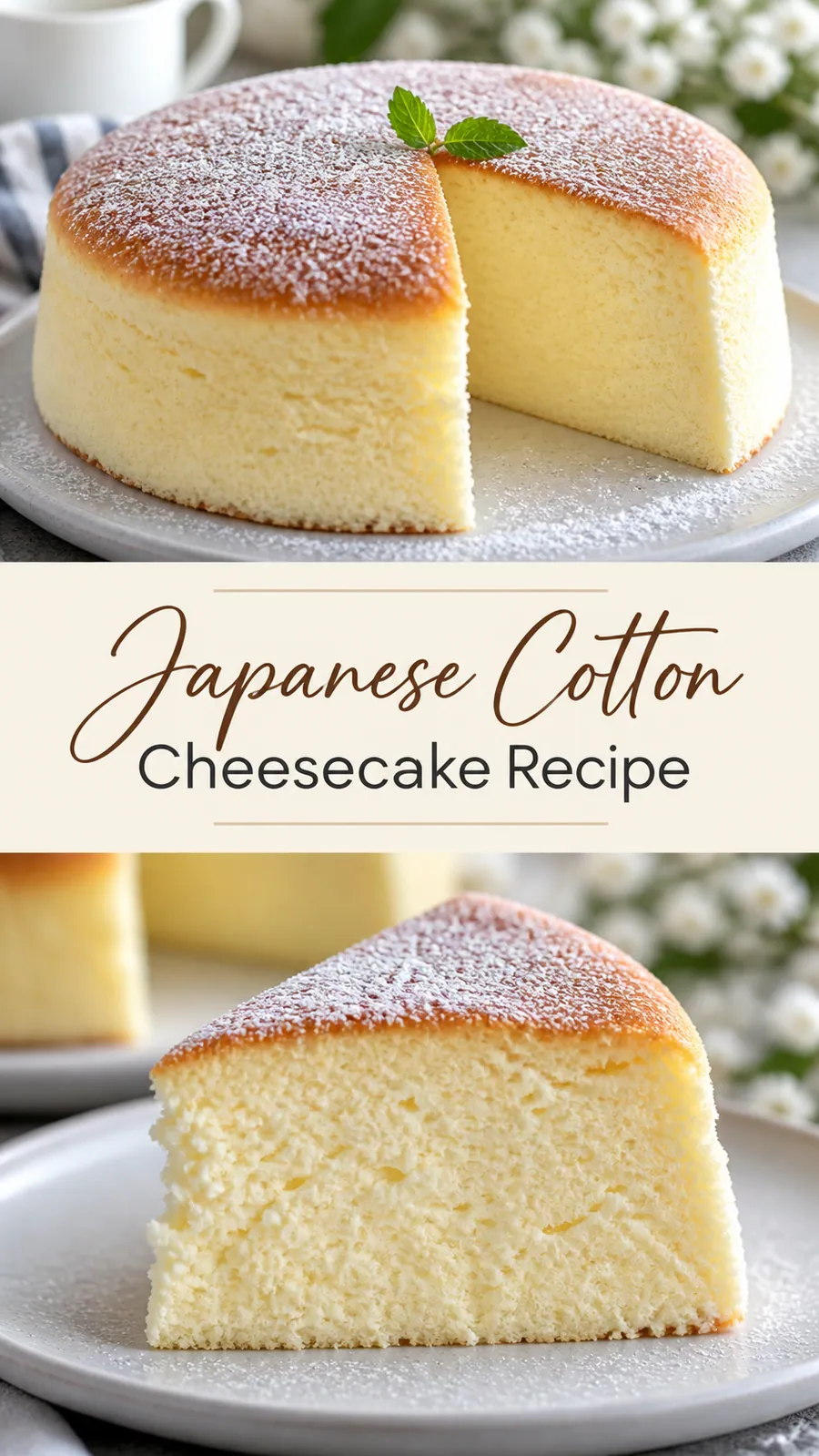 Pinterest image for Japanese Cotton Cheesecake Recipe, with two photos of the recipe