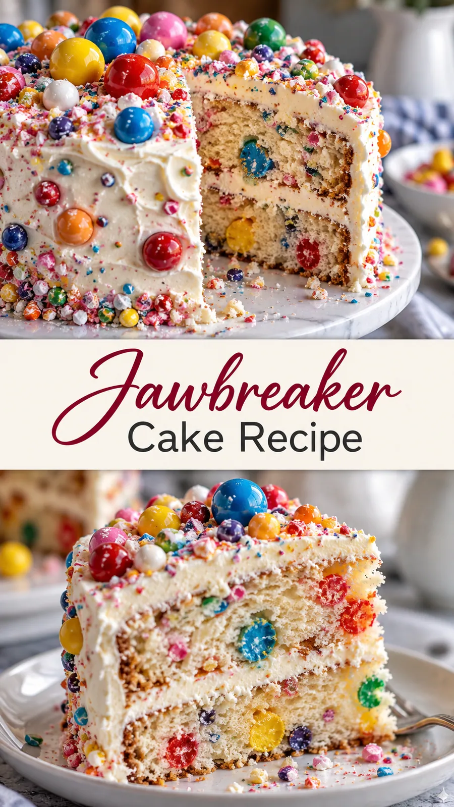 Pinterest image for Jawbreaker Cake Recipe, with two photos of the recipe
