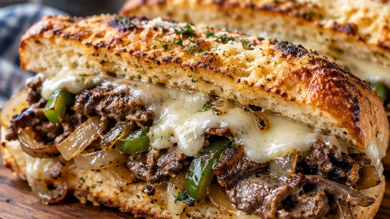 Juicy Cheesesteak Sandwiches on Toasted Garlic Parmesan Bread