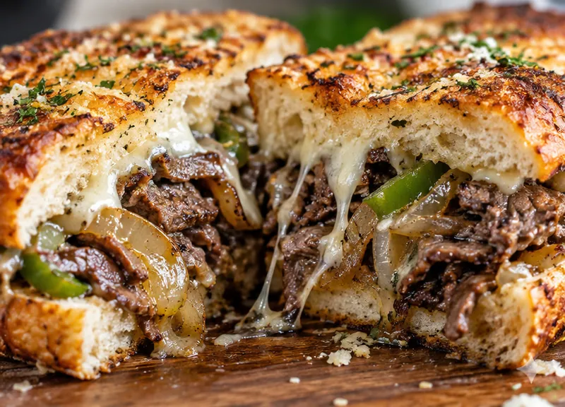 Juicy Cheesesteak Sandwiches on Toasted Garlic Parmesan Bread, ready to serve