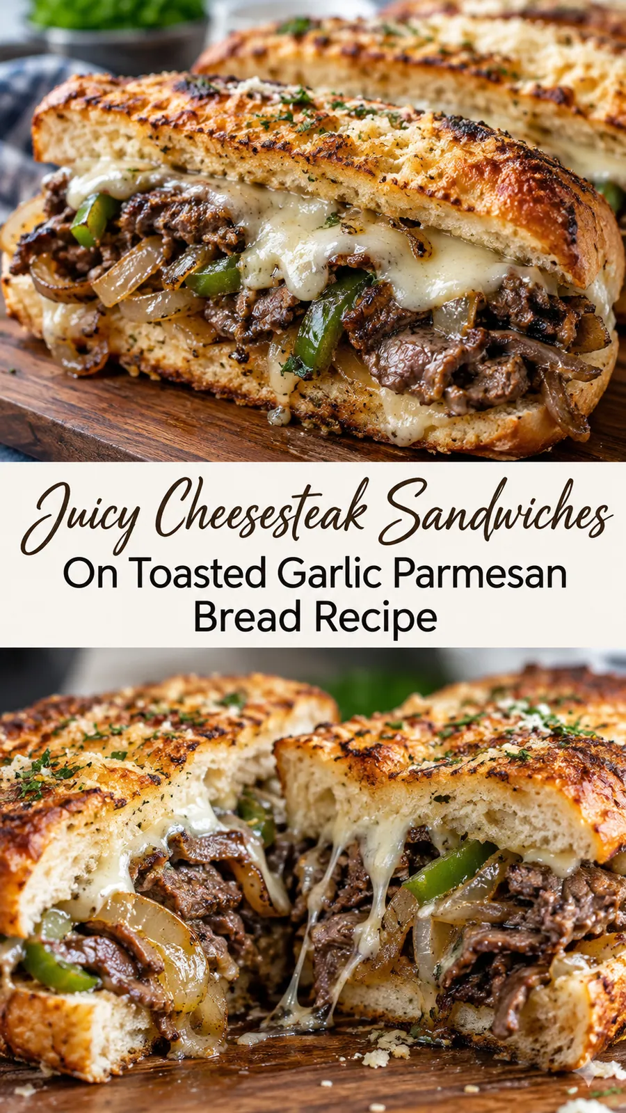 Pinterest image for Juicy Cheesesteak Sandwiches On Toasted Garlic Parmesan Bread Recipe, with two photos of the recipe