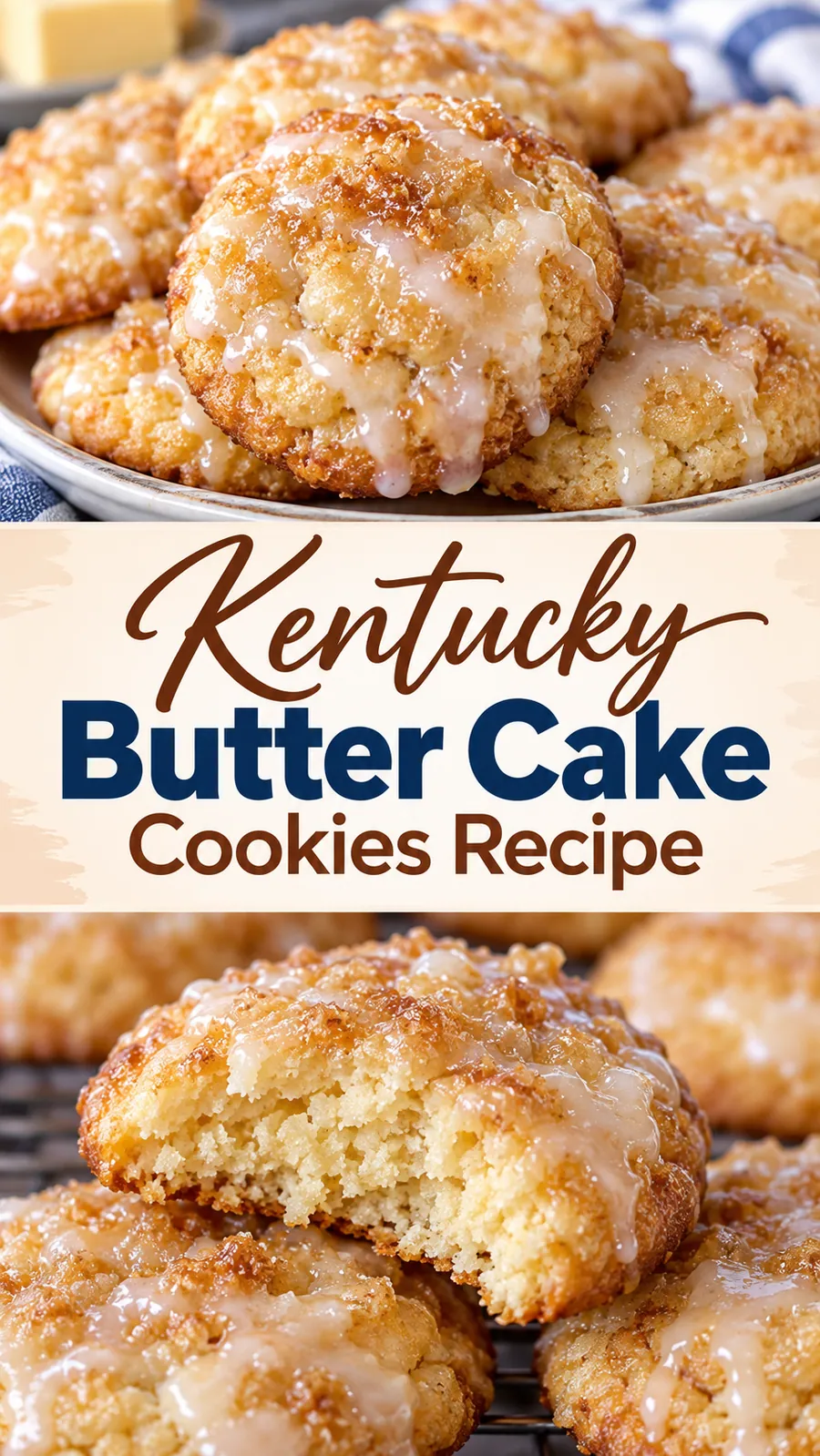 Pinterest image for Kentucky Butter Cake Cookies Recipe, with two photos of the recipe