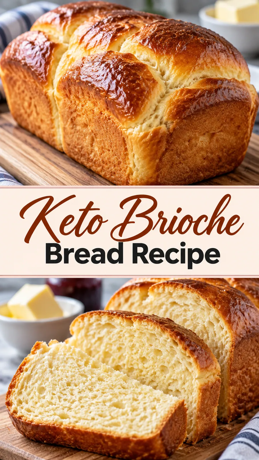 Pinterest image for Keto Brioche Bread Recipe, with two photos of the recipe