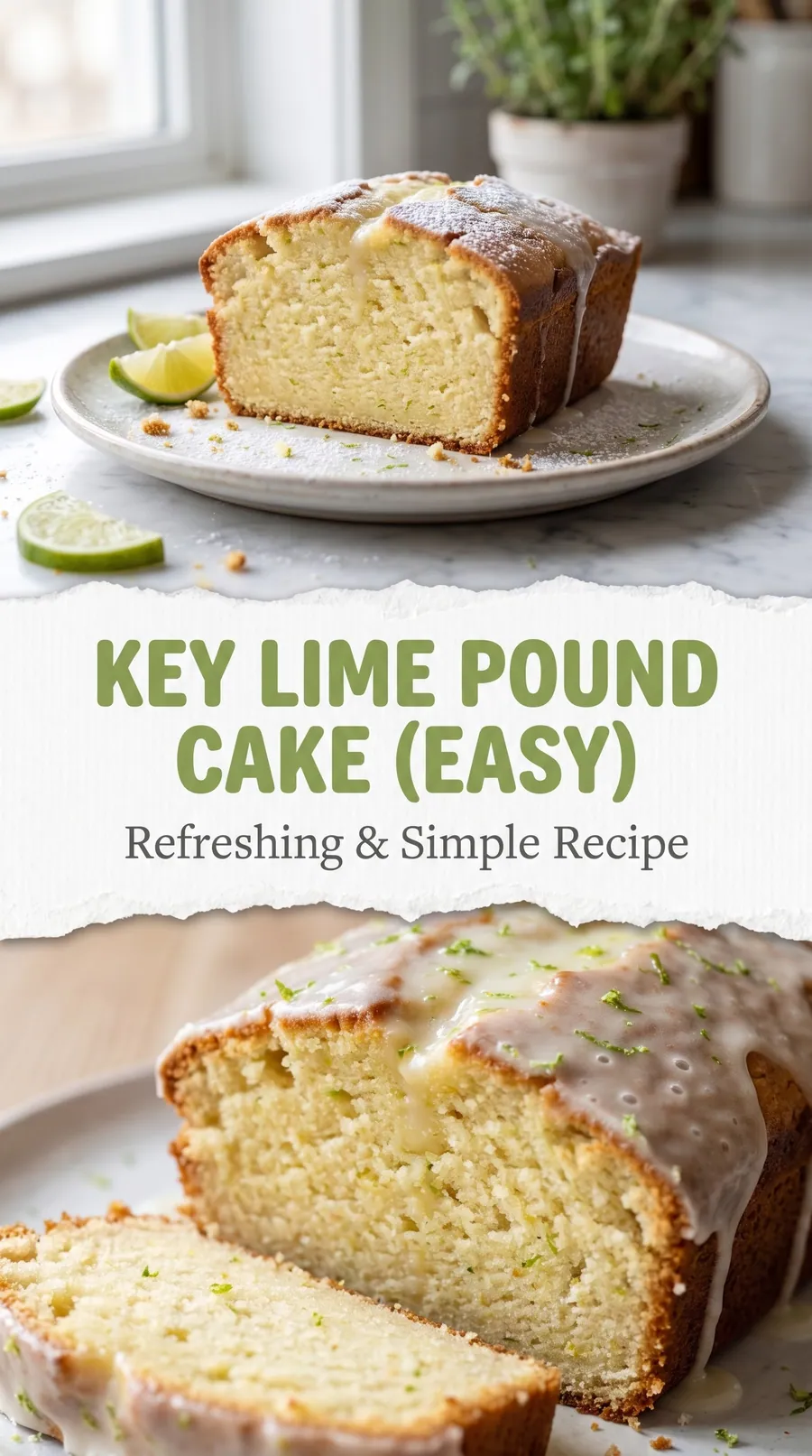 Pinterest image for Key Lime Pound Cake Recipe, with two photos of the recipe