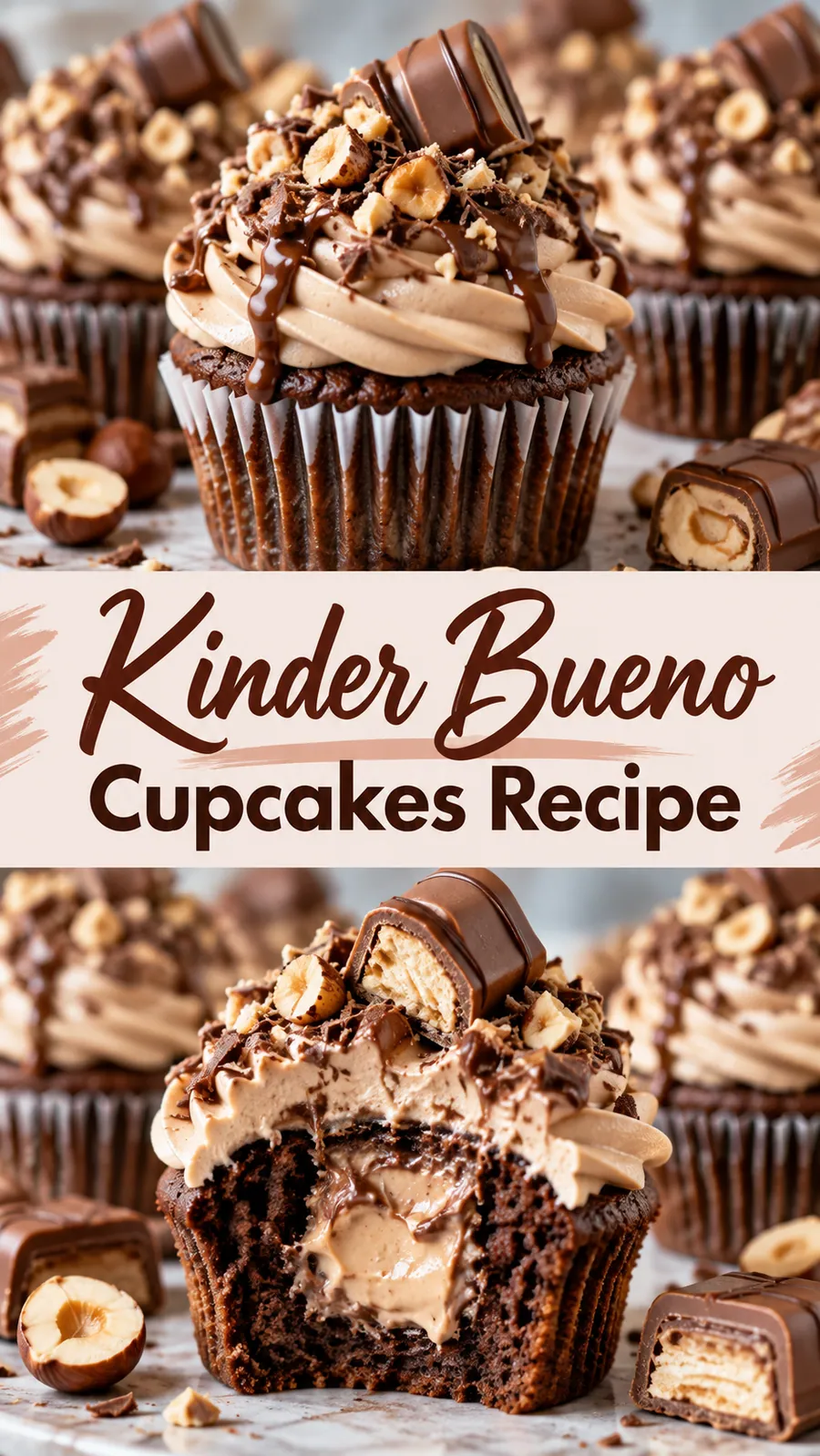 Pinterest image for Kinder Bueno Cupcakes Recipe, with two photos of the recipe