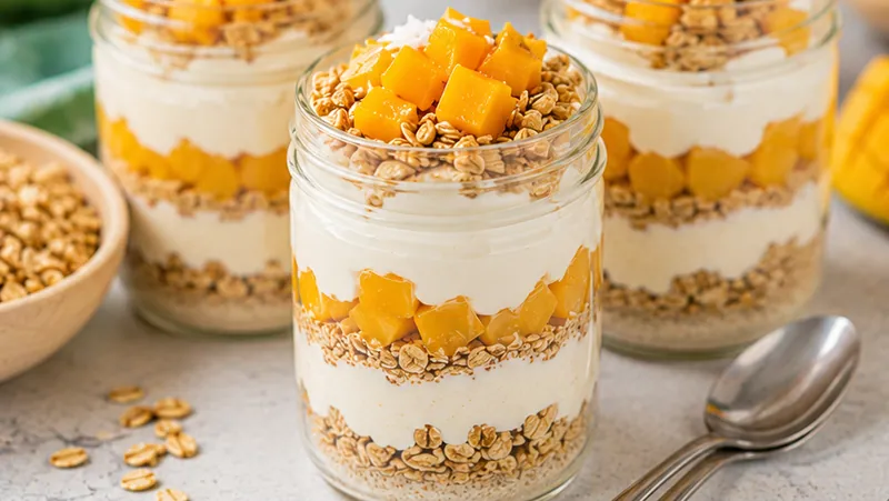 Layered Mango Yogurt Dessert Jars for Meal Prep, ready to serve