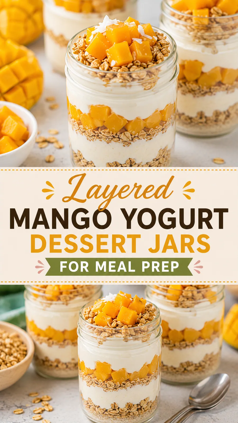 Pinterest image for Layered Mango Yogurt Dessert Jars For Meal Prep, with two photos of the recipe