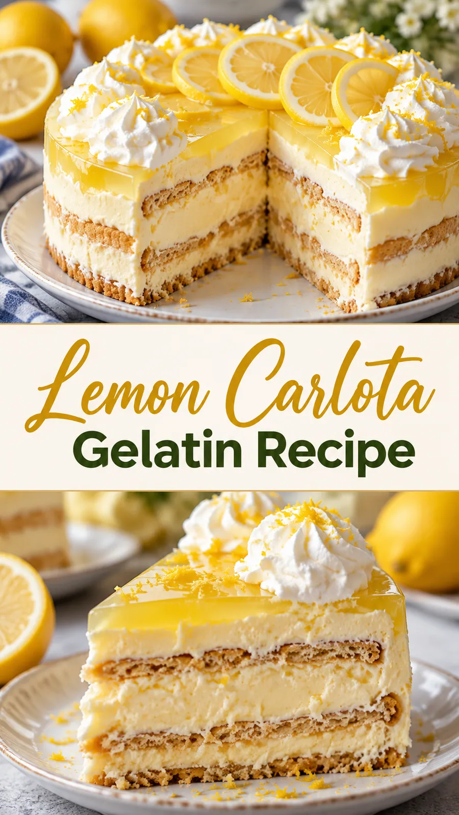 Pinterest image for Lemon Carlota Gelatin Recipe, with two photos of the recipe