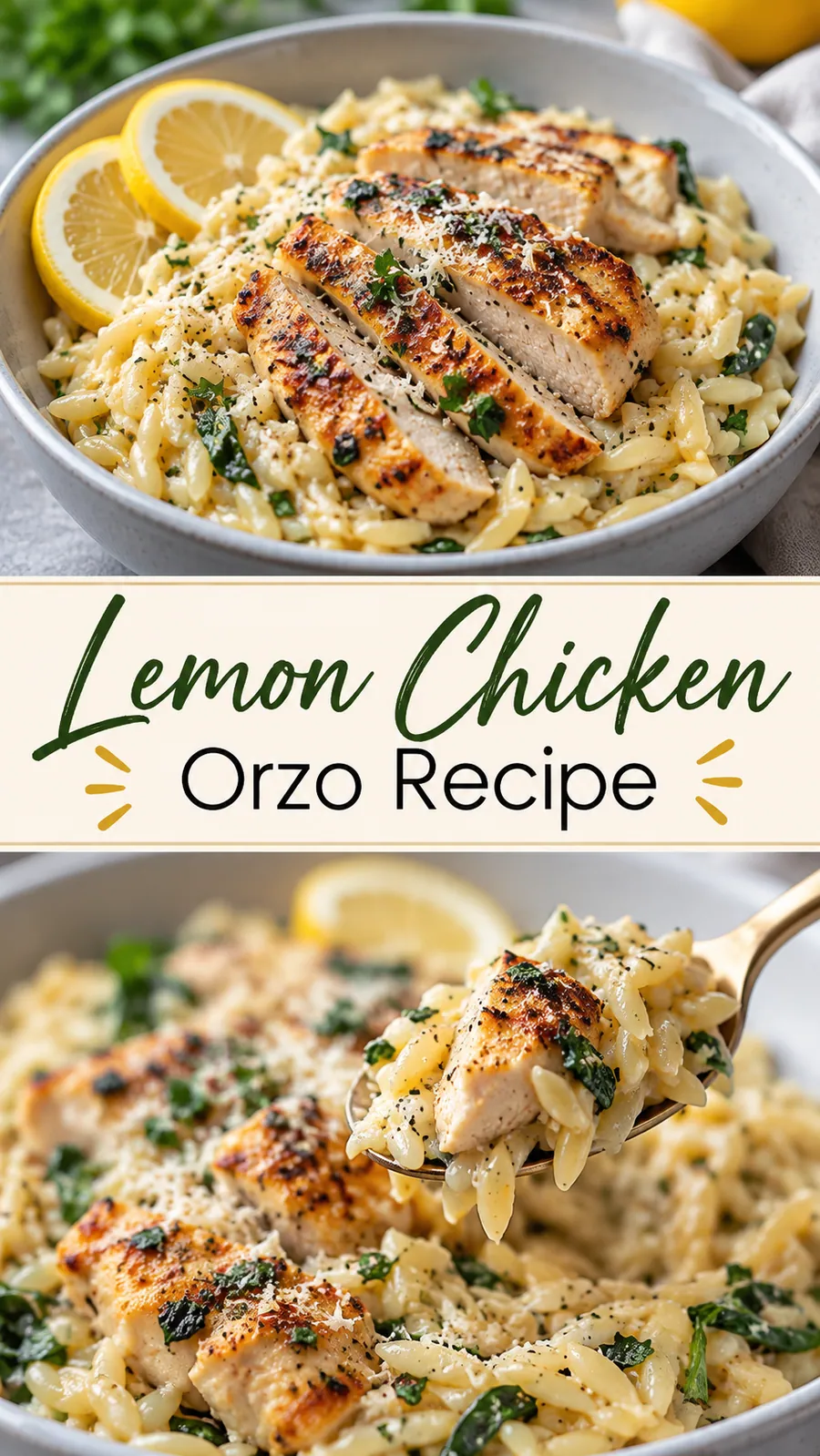 Pinterest image for Lemon Chicken Orzo Recipe, with two photos of the recipe