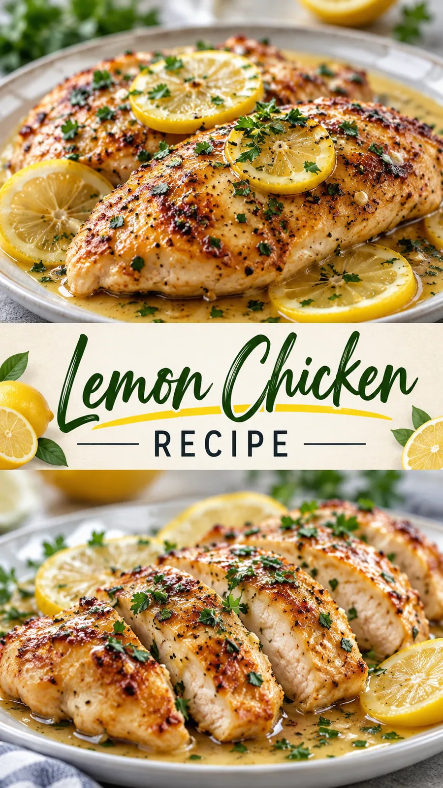Pinterest image for Lemon Chicken Recipe, with two photos of the recipe
