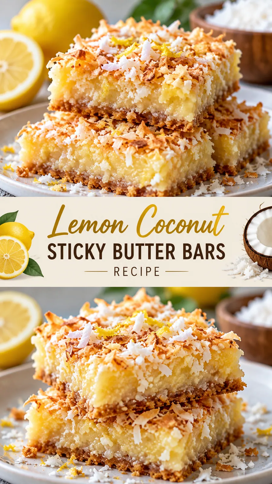 Pinterest image for Lemon Coconut Sticky Butter Bars Recipe, with two photos of the recipe