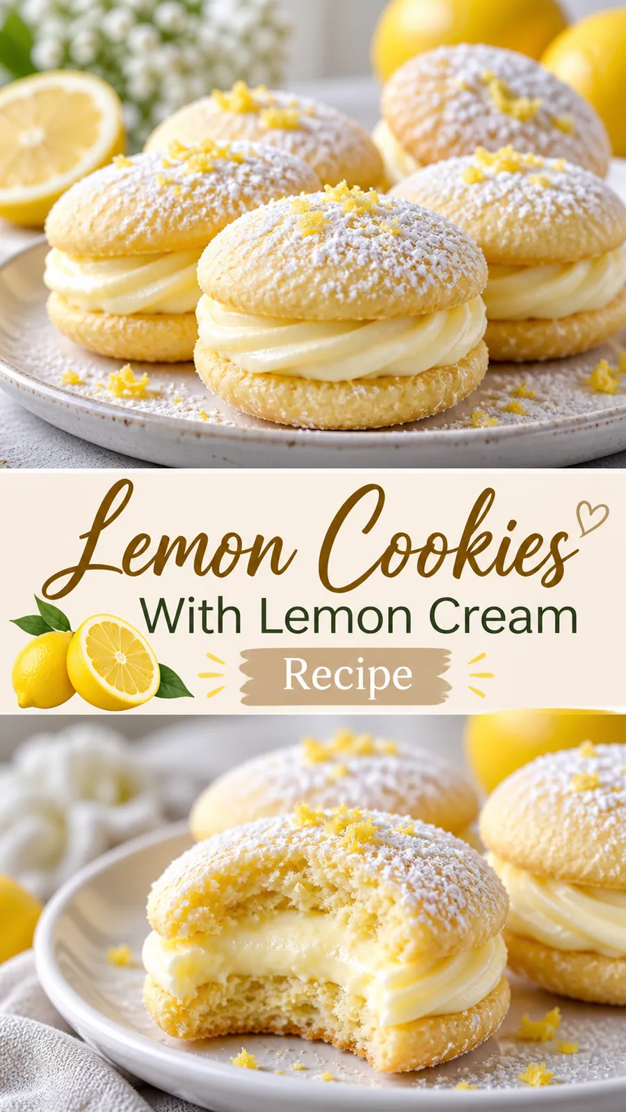 Pinterest image for Lemon Cookies With Lemon Cream Recipe, with two photos of the recipe
