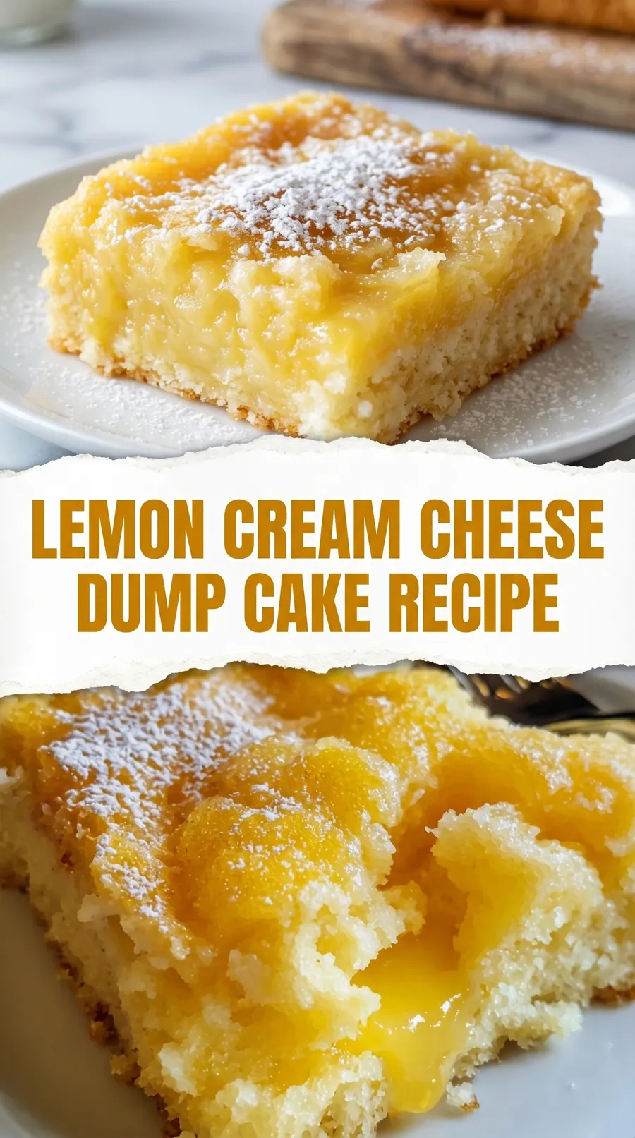 Pinterest image for Lemon Cream Cheese Dump Cake Recipe, with two photos of the recipe