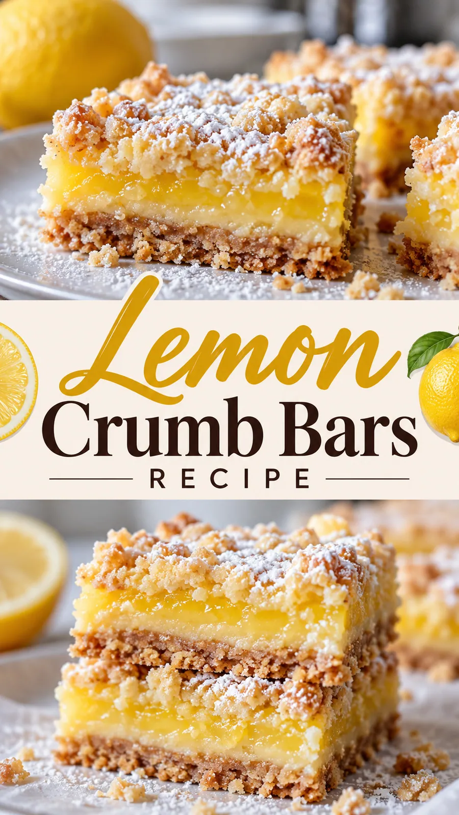 Pinterest image for Lemon Crumb Bars Recipe, with two photos of the recipe