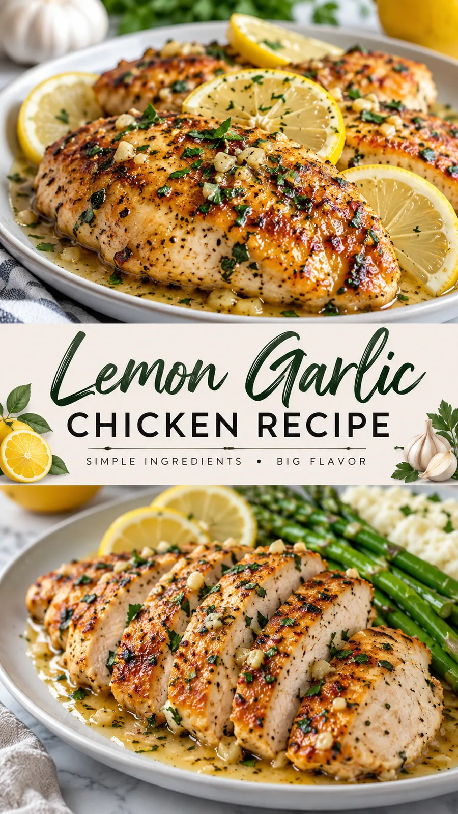 Pinterest image for Lemon Garlic Chicken Recipe, with two photos of the recipe