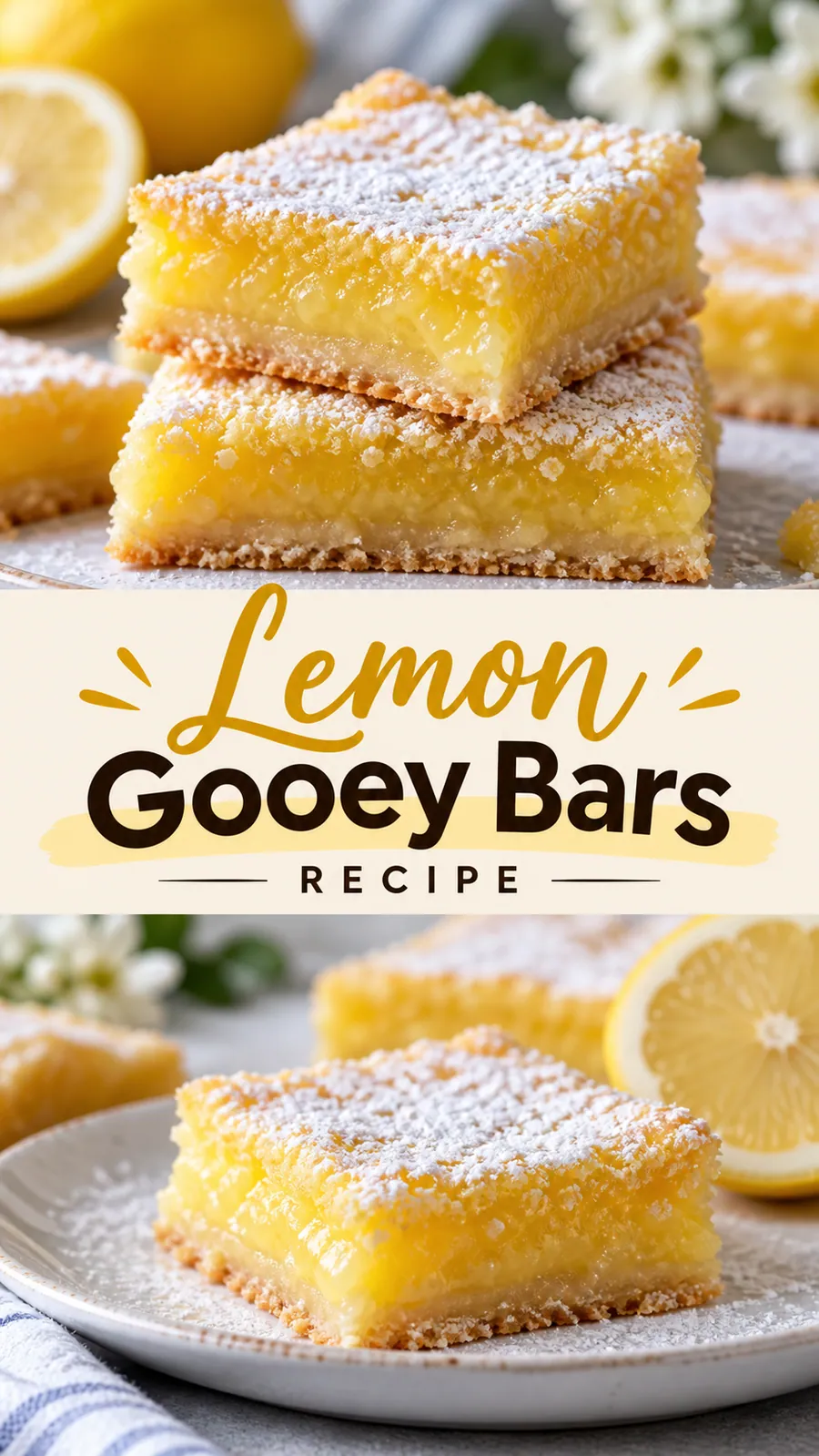 Pinterest image for Lemon Gooey Bars Recipe, with two photos of the recipe