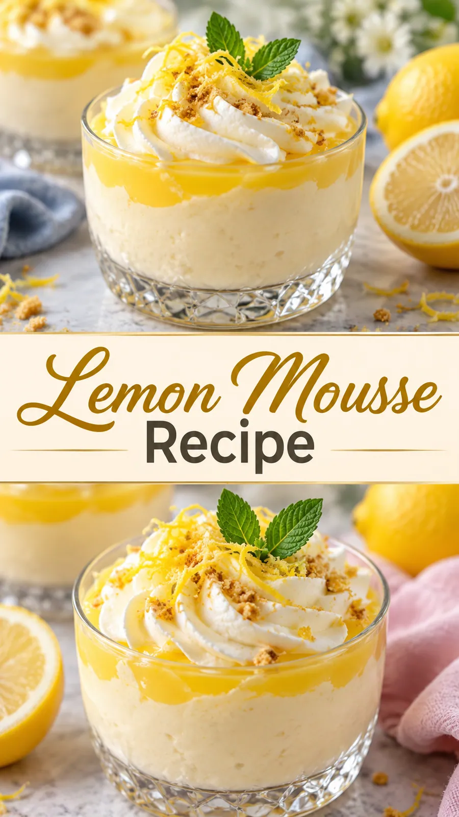 Pinterest image for Lemon Mousse Recipe, with two photos of the recipe