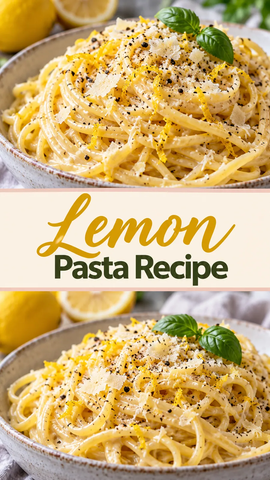 Pinterest image for Lemon Pasta Recipe, with two photos of the recipe