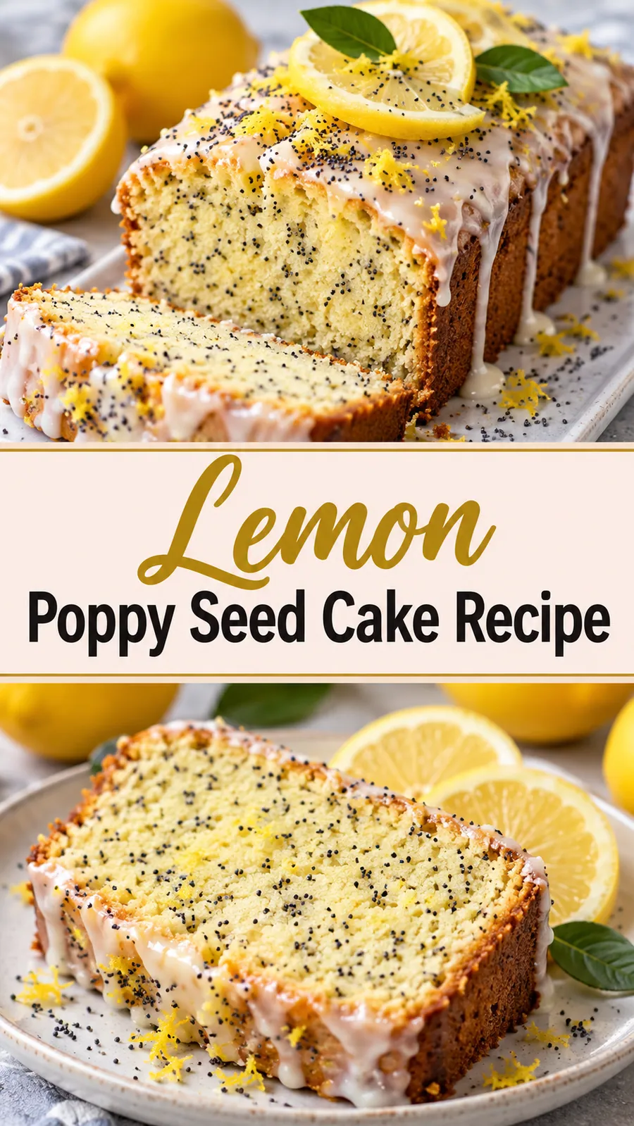 Pinterest image for Lemon Poppy Seed Cake Recipe, with two photos of the recipe