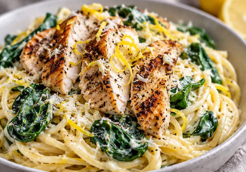 Lemon Ricotta Parmesan Pasta with Chicken and Spinach, ready to serve