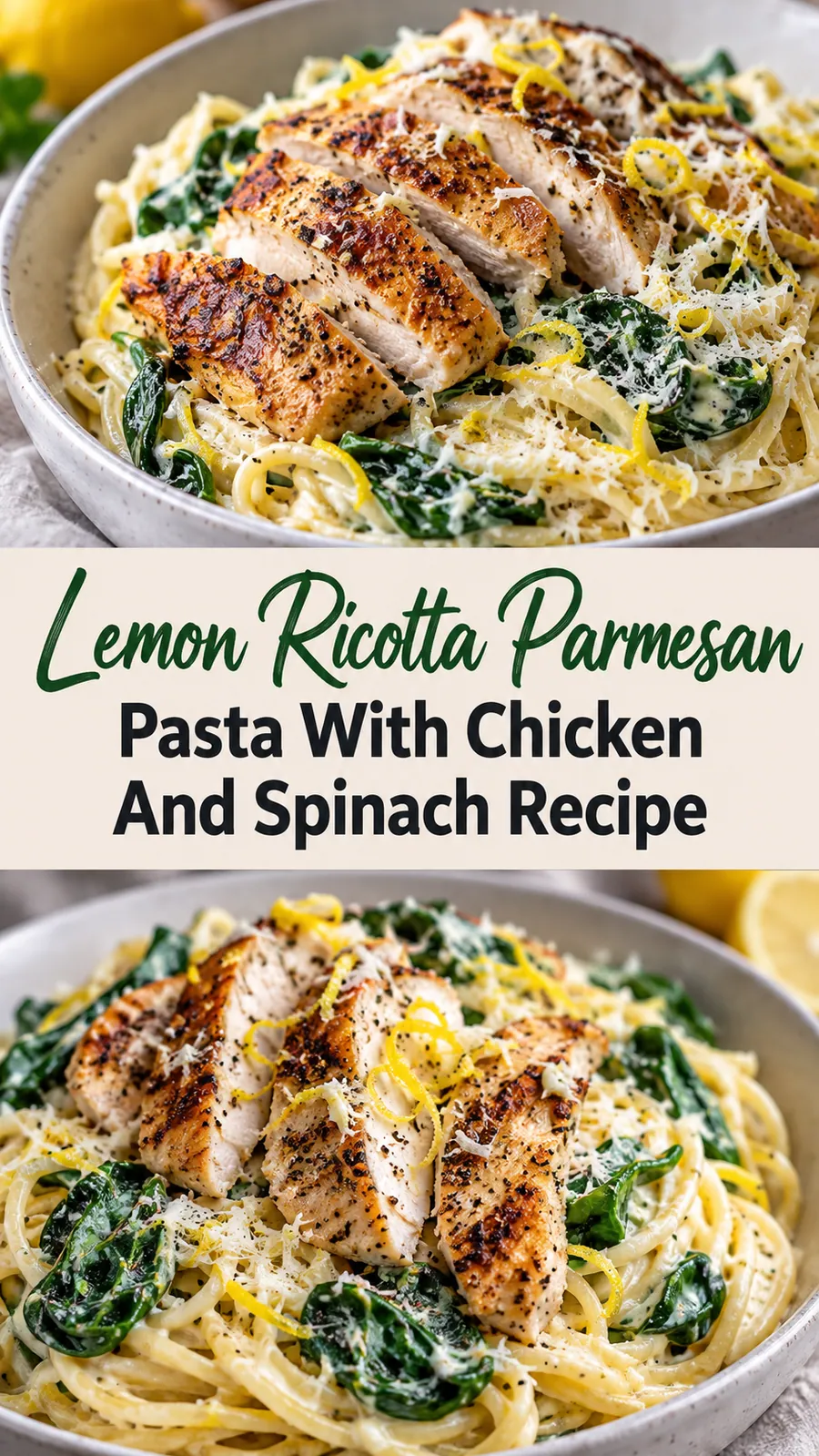 Pinterest image for Lemon Ricotta Parmesan Pasta With Chicken And Spinach Recipe, with two photos of the recipe