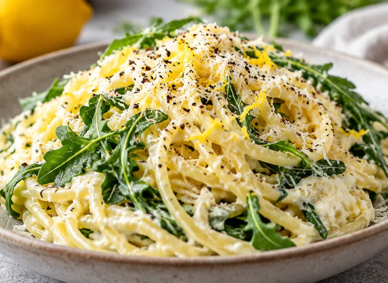 Lemon Ricotta Pasta with Arugula, ready to serve